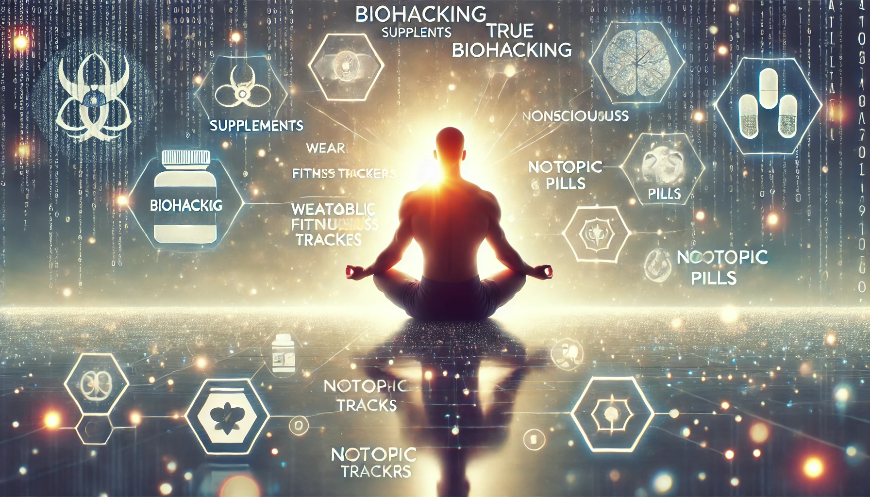 A person meditating in a peaceful room with soft light, surrounded by faded images of supplements, fitness gear, and gadgets, symbolizing common misconceptions about biohacking.