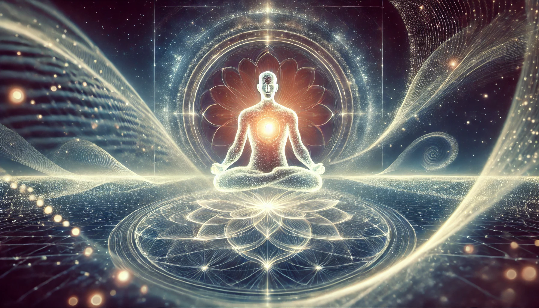 A meditative figure seated in a lotus position, surrounded by soft, glowing energy waves representing vibrational awareness. The cosmos is subtly visible in the background, connecting the figure to the universe, symbolizing the spiritual journey of yoga and the guidance of a Living Master