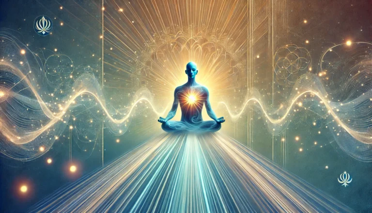 A meditative figure with energy waves emanating from the heart, symbolizing the Divine Melody. Glowing lines connect the figure to the cosmos, representing vibrational awareness and spiritual connection.