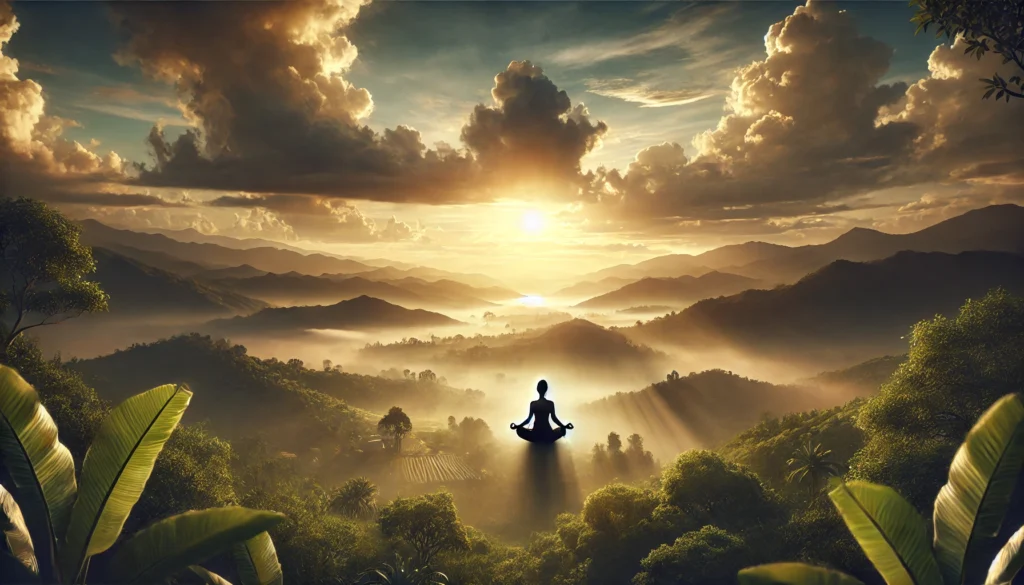 A person in meditation on a hilltop at sunrise, overlooking a misty valley, symbolizing spiritual awakening, peace, and connection to divine energy.