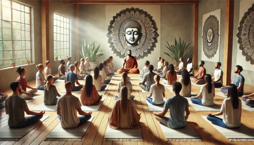 A diverse group of people from all backgrounds and ages sits in a circle around a spiritual master in a serene meditation hall. The master, seated in the center, leads the meditation with peaceful energy, and the room is filled with natural light.