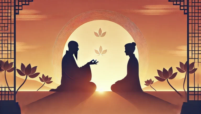Silhouette of a spiritual master teaching a disciple at sunset, with warm tones and a serene, minimalist background
