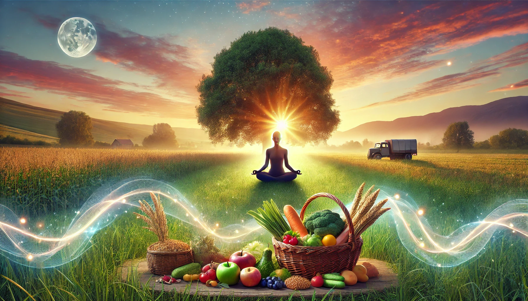 A meditating figure in a meadow at sunrise, surrounded by baskets of fresh fruits, vegetables, and grains, symbolizing the connection between a Sattvic diet and spiritual growth, with energy waves flowing from the sky.