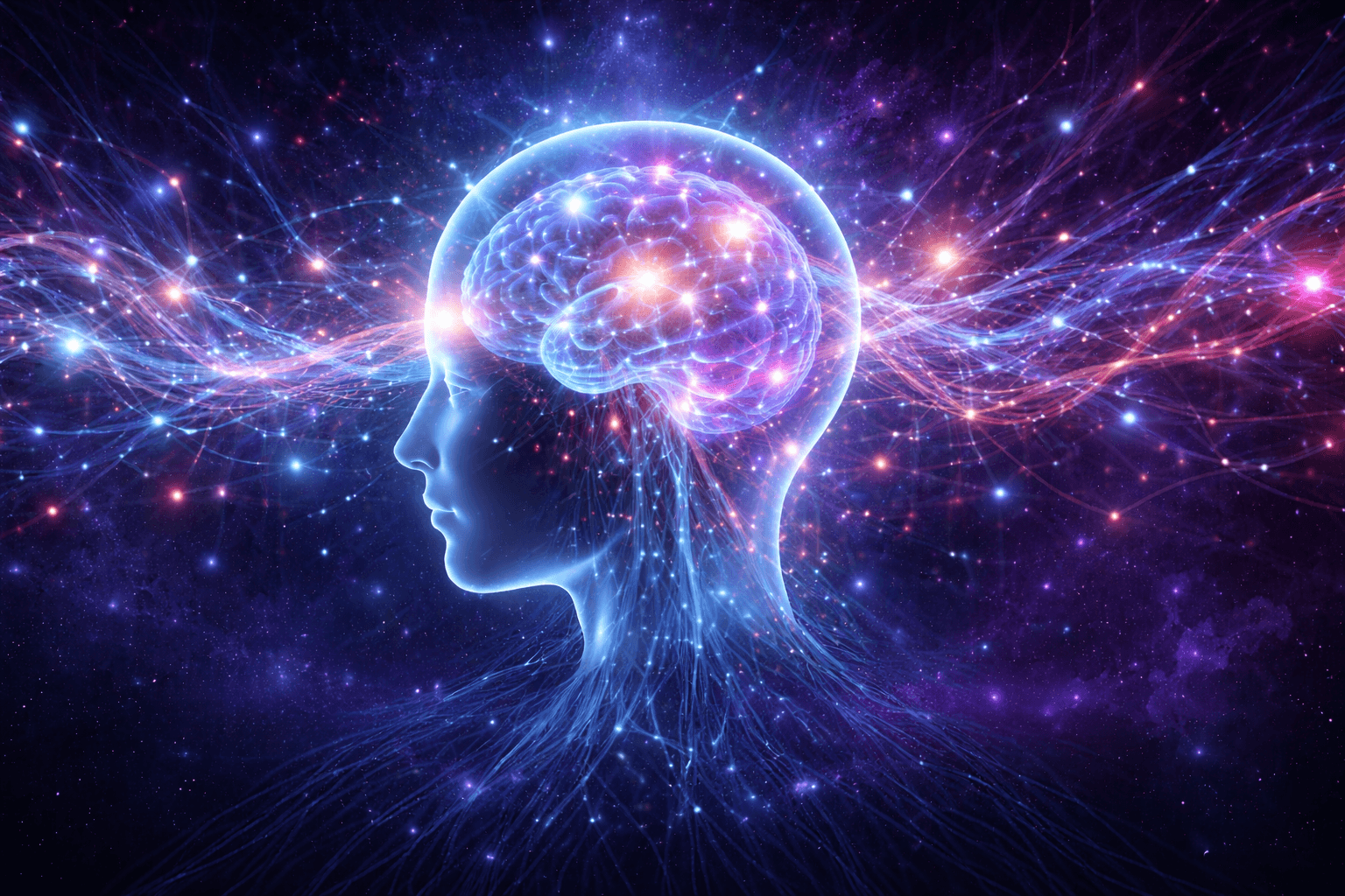 Wide banner image of a glowing human profile with a luminous brain and radiant neural connections expanding into a cosmic background, representing neuroconsciousness, awareness, and higher cognition.
