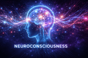 Wide banner image of a glowing human profile with a luminous brain and radiant neural connections expanding into a cosmic background, representing neuroconsciousness, awareness, and higher cognition.